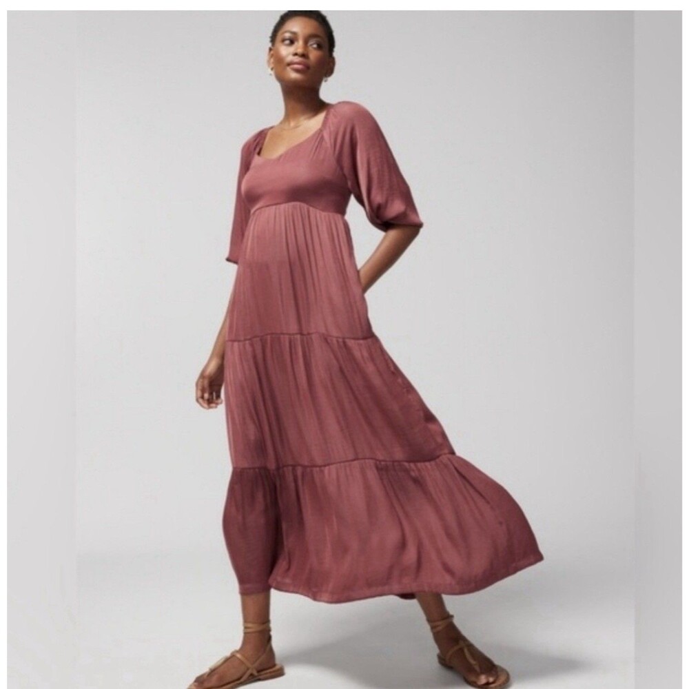 Soma Maxi Bra Dress Size Small Spiced Whiskey Red Pink Tiered 3/4 Sleeves Pocket
